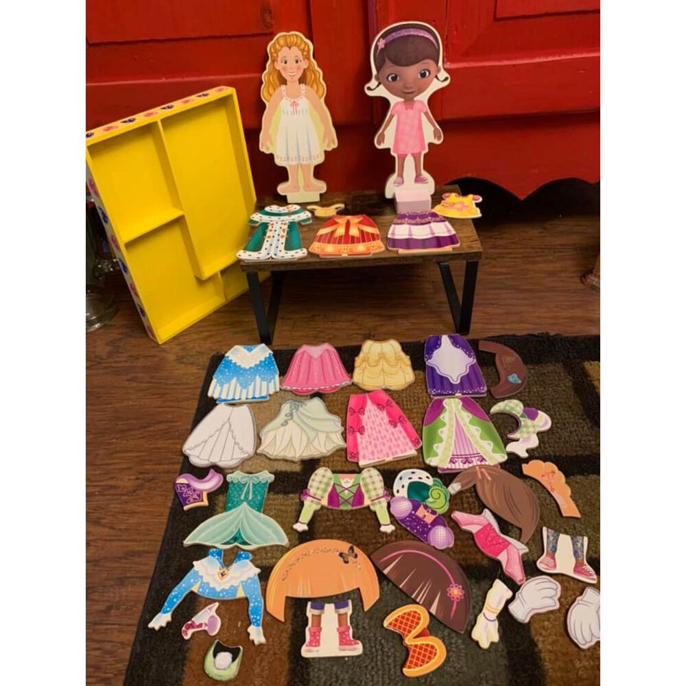 Melissa & Doug 38 Pieces Wooden Magnetic Dress Up Dolls Doc McStuffins More EUC